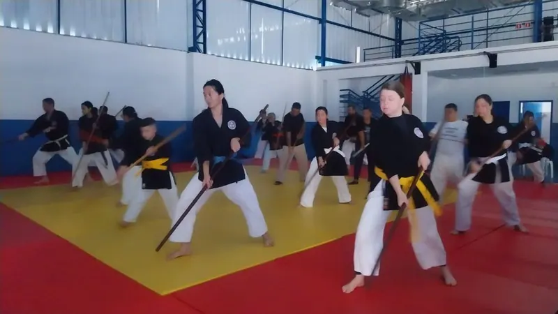 Treino de kobudo no ginásio, com vários praticantes
